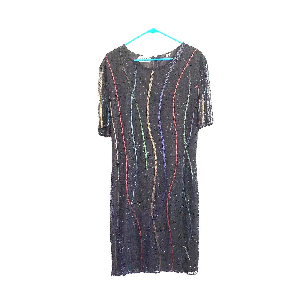 Vintage Swee Lo Silk Sequin Beaded Black Rainbow silk Cocktail Dress Sz L 10-12